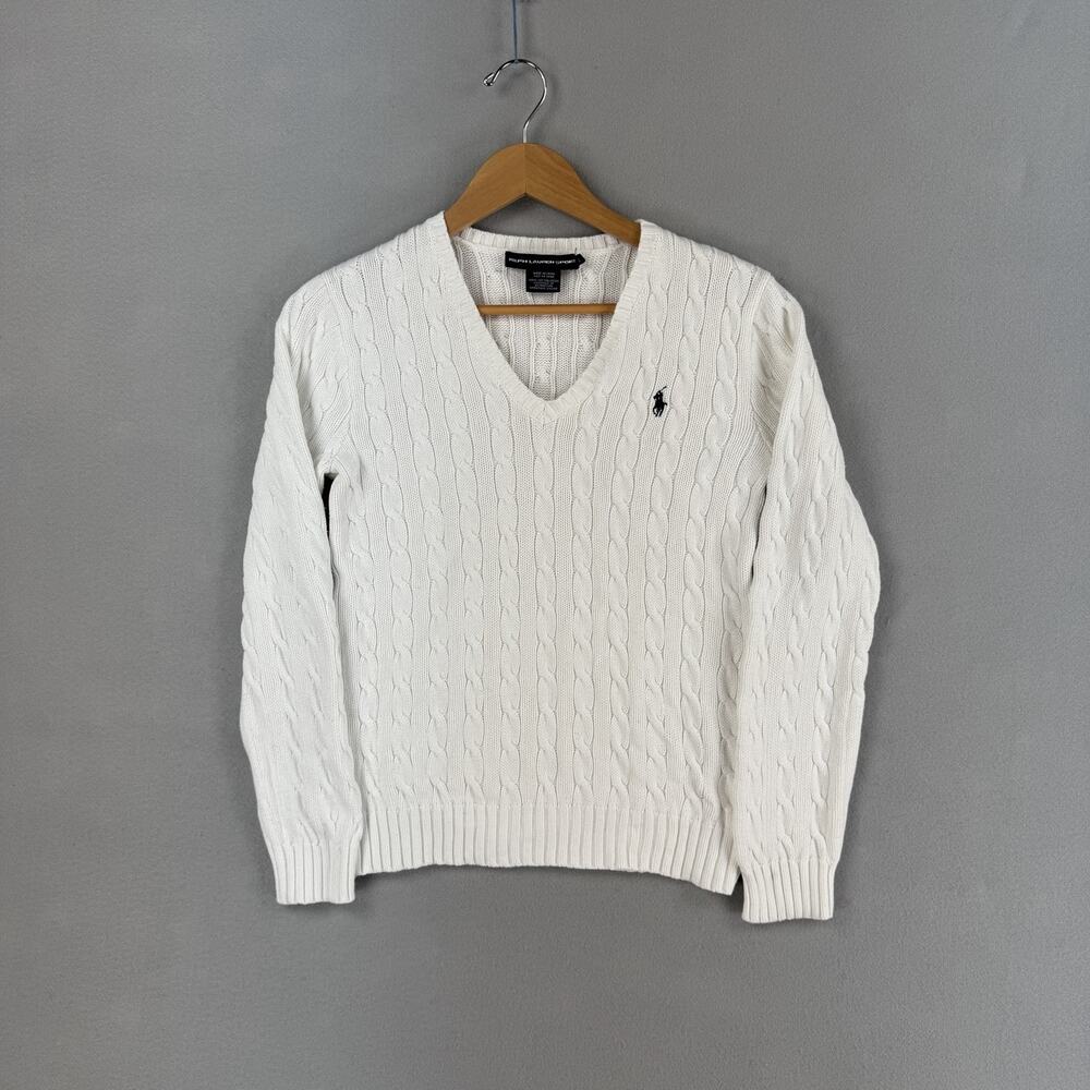 Ralph Lauren Sport Sweater Womens Large White 100% Cotton V Neck Cable Knit
